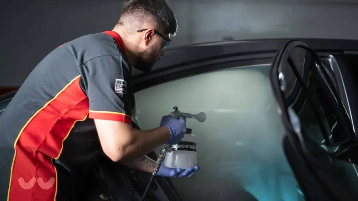 Homem a desinfetar o interior de um carro com equipamento de pulverização.