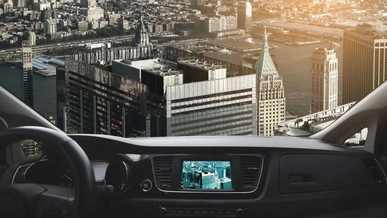 Foto dentro do cockpit de um carro voador