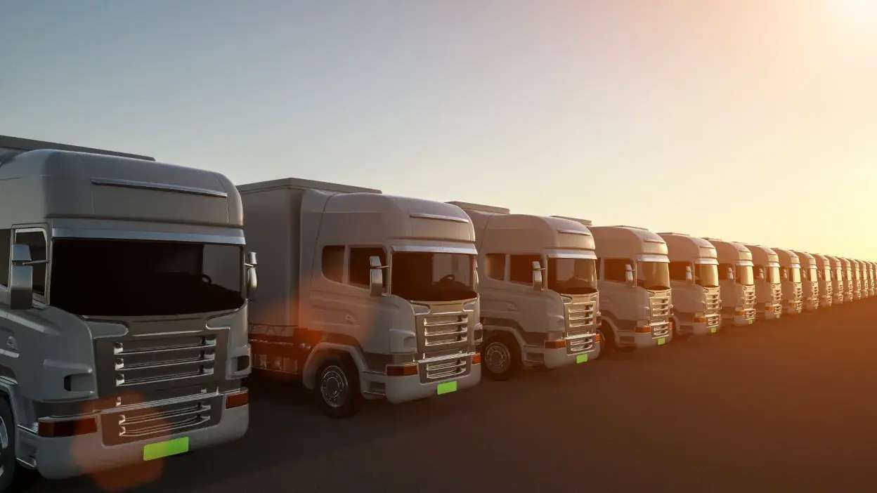 Vários camiões brancos alinhados ao pôr do sol numa estrada.