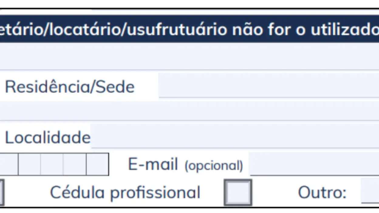 Campo para preencher residência, localidade, email e cédula profissional em formulário de declaração de venda de automóvel