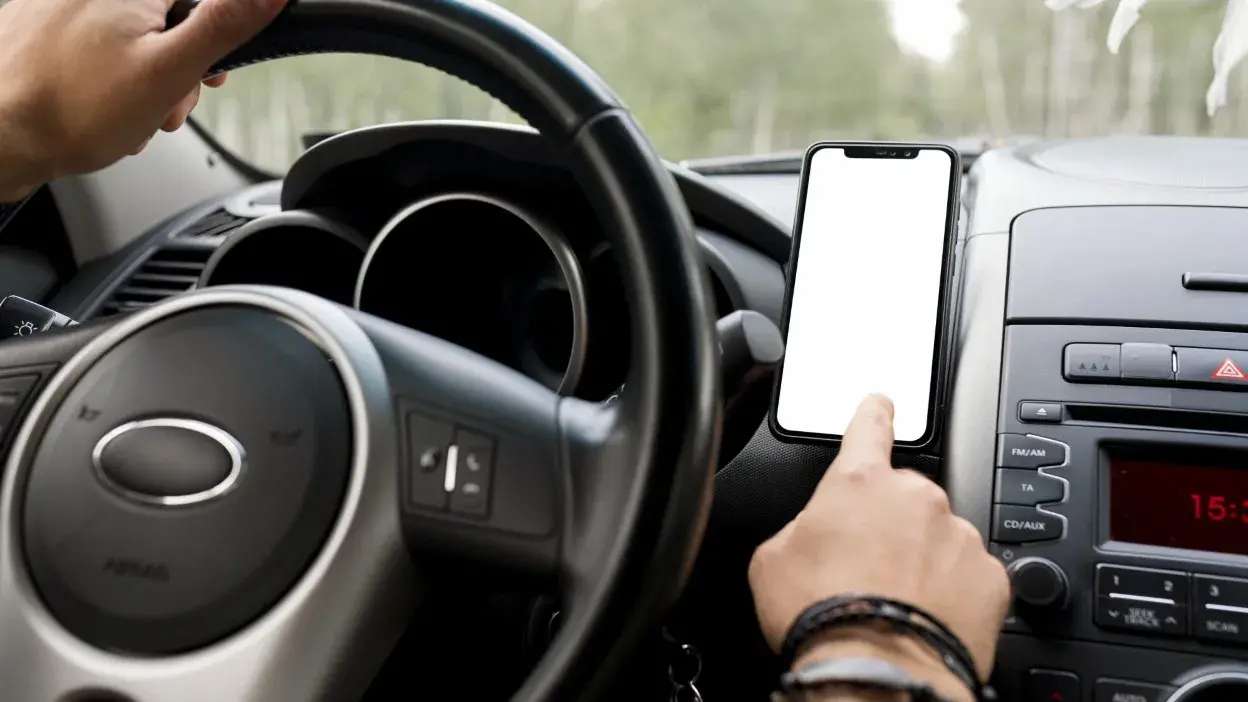 Interior de carro com condutor a usar telemóvel no suporte junto ao volante