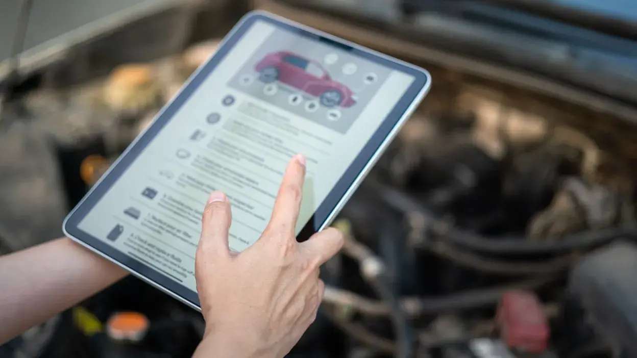 Pessoa a consultar checklist de manutenção automóvel num tablet junto ao motor do carro
