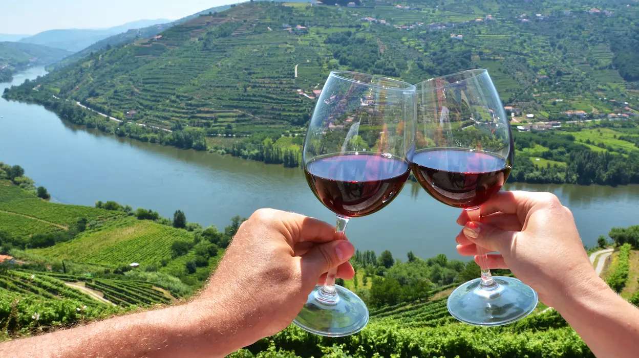 Duas pessoas a brindar com vinho do porto na região do douro