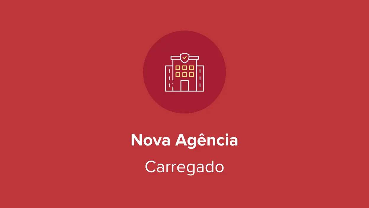 Ícone de edifício com escudo sobre fundo vermelho e texto "Nova Agência Carregado"