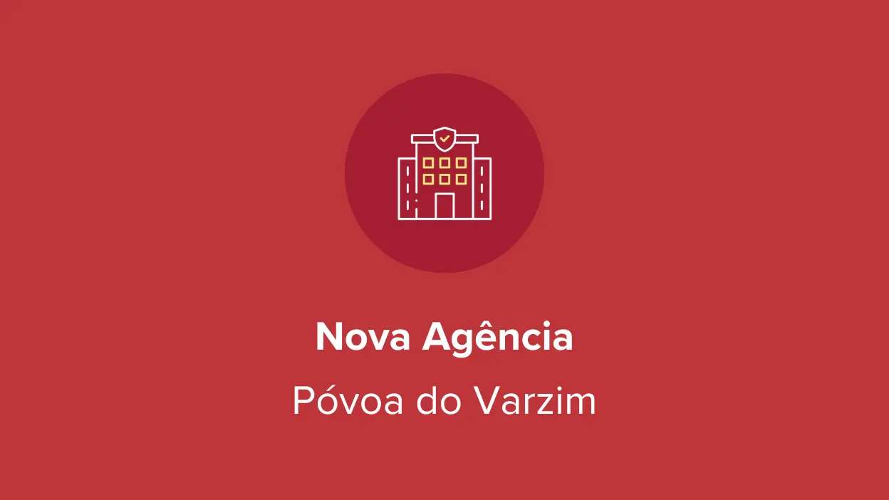 Ícone de edifício com texto "Nova Agência Póvoa do Varzim" sobre fundo vermelho