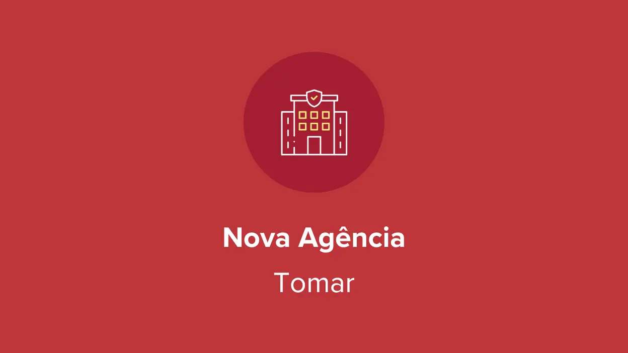 Ícone de edifício com escudo sobre fundo vermelho e texto "Nova Agência Tomar"