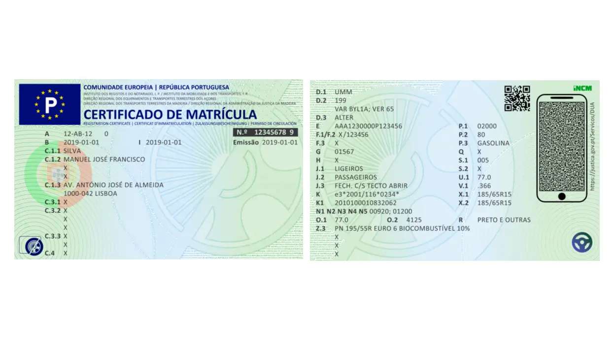 Exemplo de Certificado de Matrícula - Documento Único Automóvel (DUA)