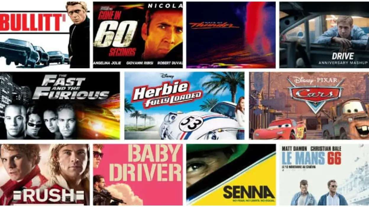 Vários cartazes de filmes com carros