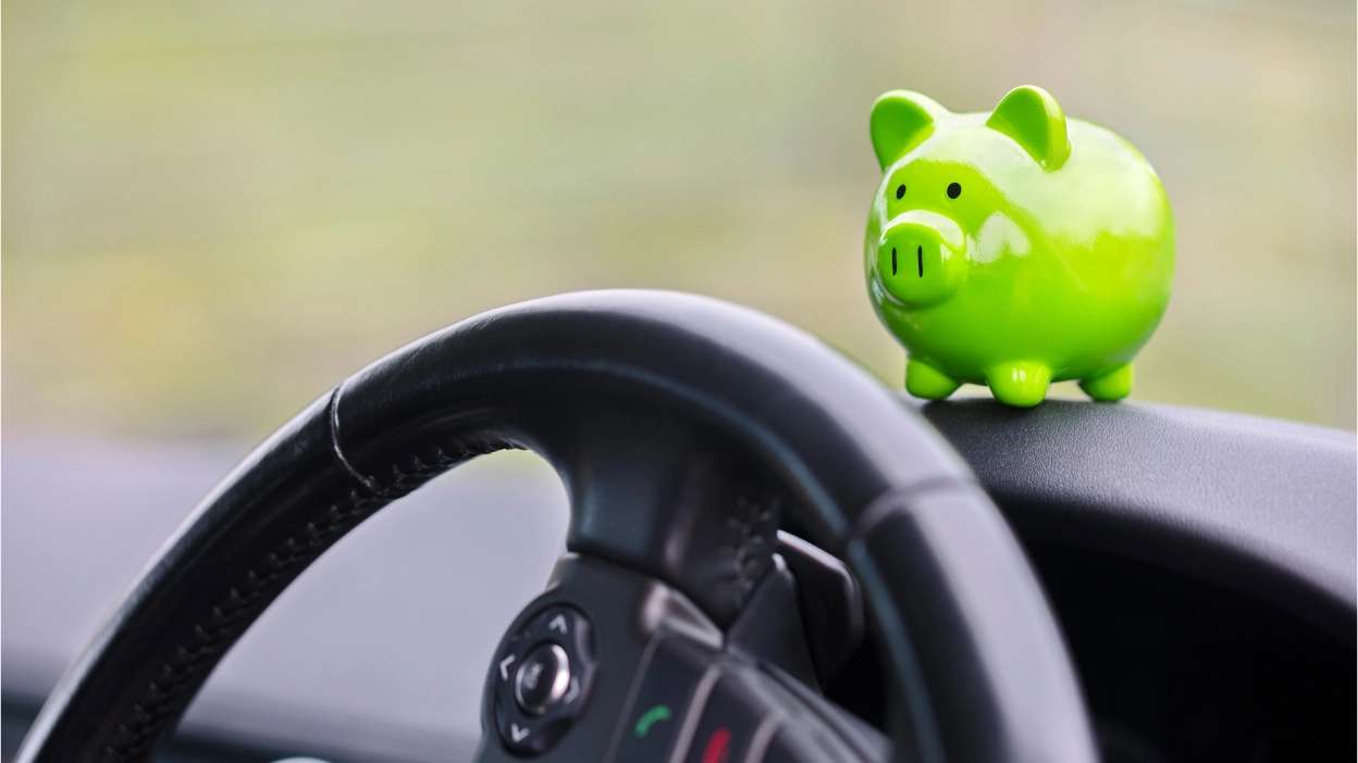 Volante de um carro e porquinho mealheiro verde