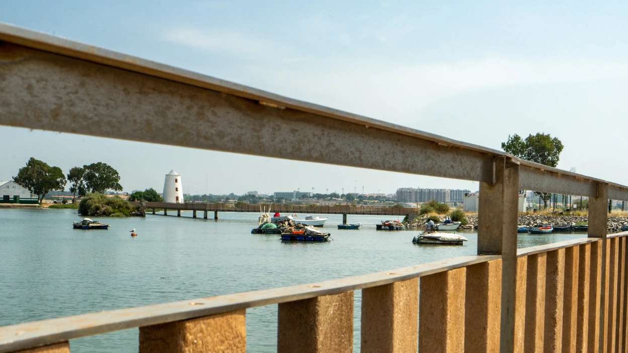 vista da ponte pedonal do barreiro, com os moinhos e rio