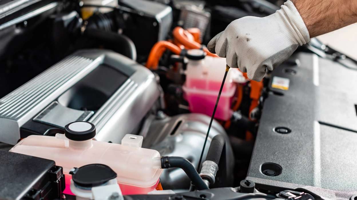 mecânico a medir o óleo do motor com luvas e vareta enquanto faz a revisão