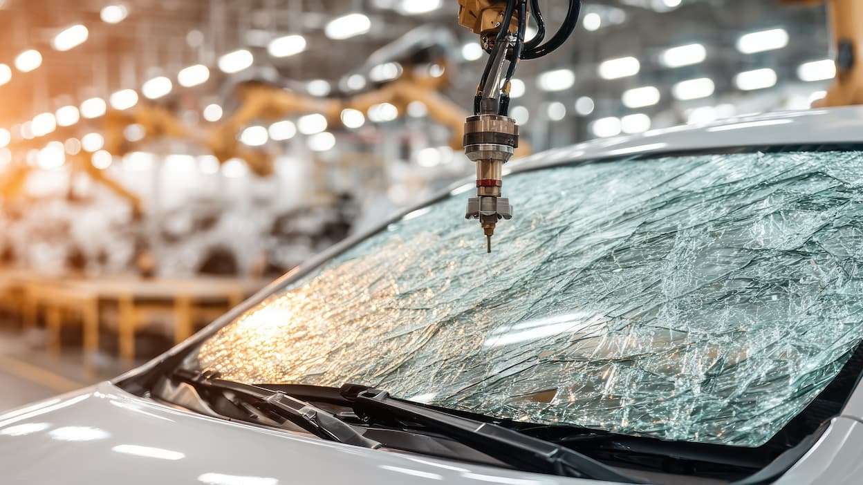 par-brisas de um carro todo partido enquanto é trocado na fábrica